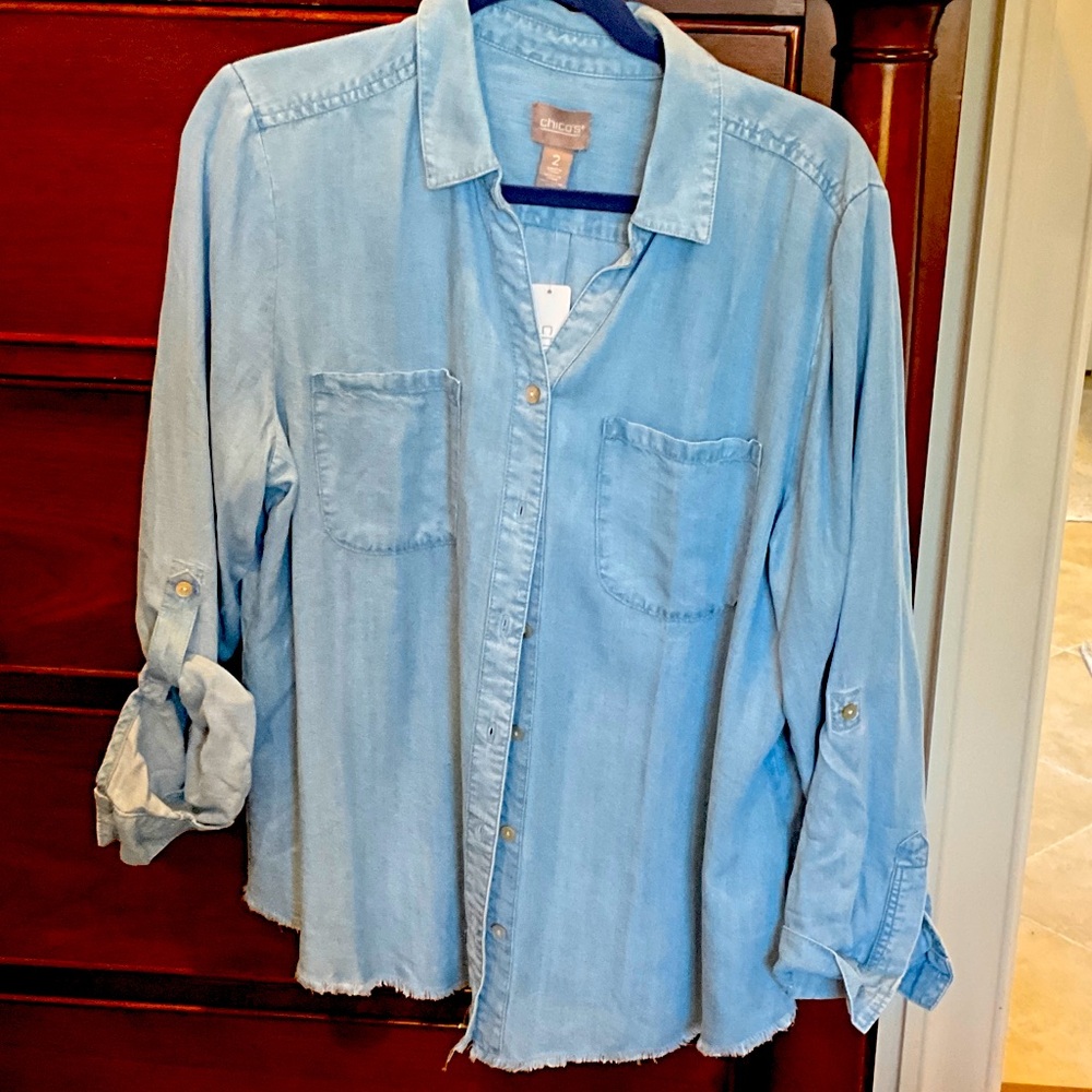 Chico's Light Blue Denim Shirt with Patch Pockets